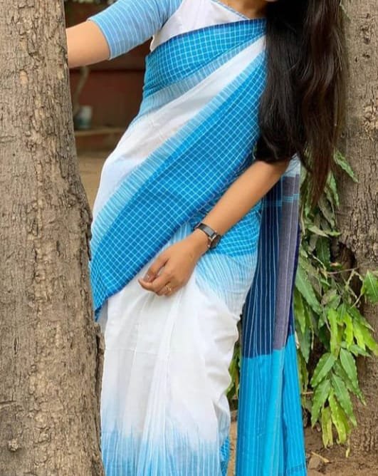 White Sky Blue Checks Pure Handloom Cotton Saree